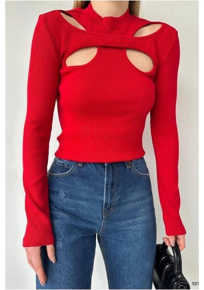 DefyModa Kadın Modern Sandy Kumaş Dik Yaka Uzun Kollu Bluz Kırmızı