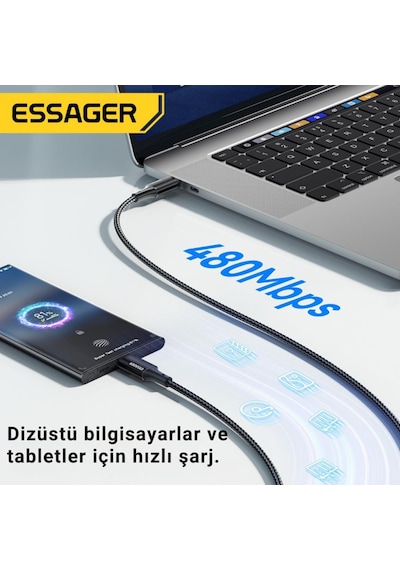Essager 1 Metre Pd 100w Süper Hızlı Type C To Type C Şarj Data Kablosu, E-marker Çipli Akıllı Şarj Kablosu