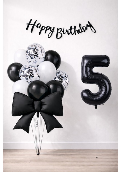 Patladı Gitti Siyah Fiyonk 5 Yaş Doğum Günü Balon Seti Siyah