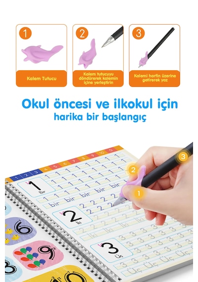 Harfleri ve Sayıları Yazmayı Kolayca Öğreten Kitap Sihirli Uçan Kalemli Oluklu (Kabartmalı) Kitap Dikkat Atölyesi Yayınları
