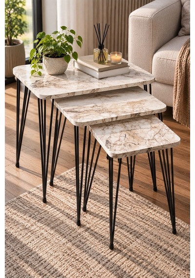 Sulorahome 3'lü Mermer Desenli Metal Tel Zigon Sehpa Takımı Beyaz