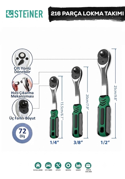 Steiner Ultra Güçlü 1/4 Cırcırlı 216 Parça Lokma Anahtar Takımı Oto Tamirci Full Tam Set 72 Diş