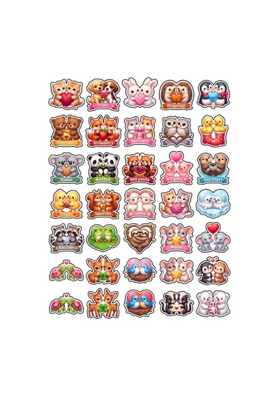 30 Adet Aşık Hayvanlar Sticker Seti - Laptop Defter Telefon Ajanda Çok Renkli