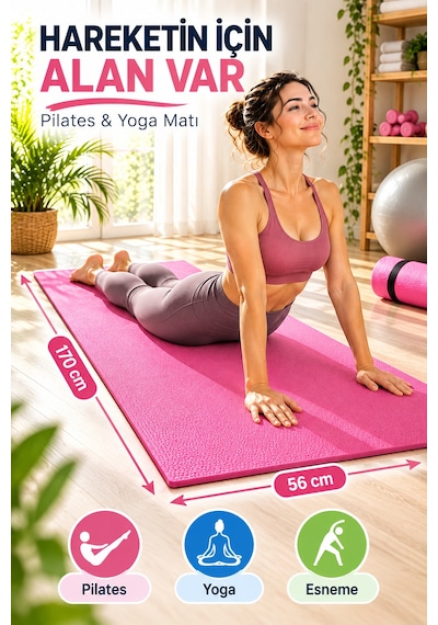 Pembe Pilates Yoga Matı Dokulu Egzersiz Fitness Minderi Evde Spor Ve Esneme Minderi 170x56 Cm 8 Mm Çok Renkli