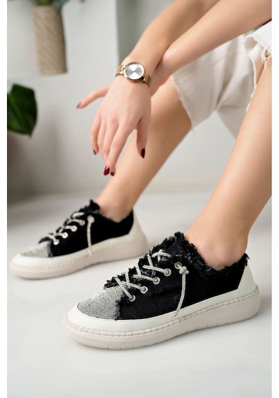 Craft Moda Neva Taşlı Düz Taban Kadın Kot Sneakers Siyah