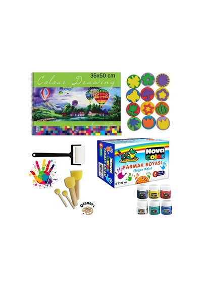 35x50 Resim Defteri + 6x25 Ml Parmak Boyası Baskı Seti Ponpon Fırçalı Set Yıkanabilir Çok Renkli