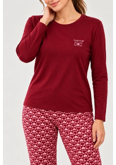 Gd Goldoremi Kadın Kalp Desenli Likralı Termal Kumaş Bordo Uzun Kollu Pijama Takımı