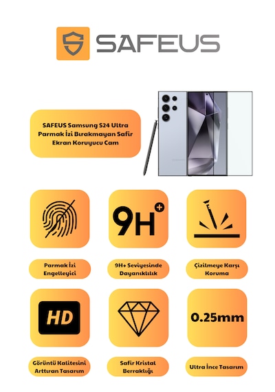 Safeus Tam Kaplayan Parmak İzi Bırakmayan Safir Ekran Koruyucu Cam , Samsung S24 Ultra İle Uyumlu