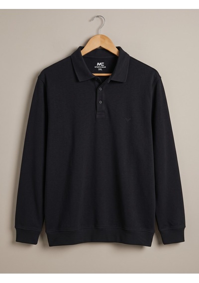 Maccali Erkek Siyah Büyük Beden Polo Yaka Battal Sweatshirt