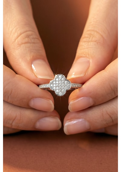 Valmont Accessories Ayarlanabilir Kristal Taşlı Yonca Yüzük Zarif Işıltılı Kadın Yüzük Gümüş