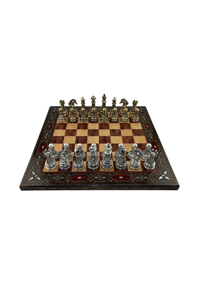 Gifthome Premium Battal Boy Metal İşlemeli Klasik Satranç Takımı Ve El Yapımı Düz Masif Ahşap Satranç Tahtası