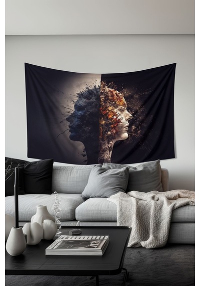 Yin Yang Yüzler Desenli Duvar Halısı Duvar Örtüsü Tapestry Süet Dokulu Kumaş