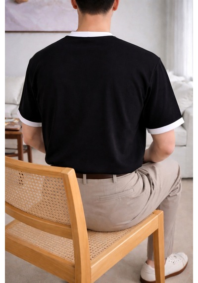 Tarz Cool Erkek Kontrast Yaka Basic Tişört Modern Ve Şık T-shirt Siyah
