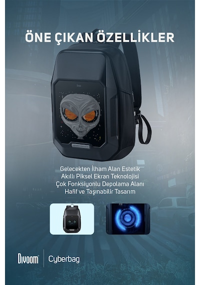 Divoom Pixoo Cyberbag Siyah Piksel Led Ekranlı Sırt Çantası Siyah