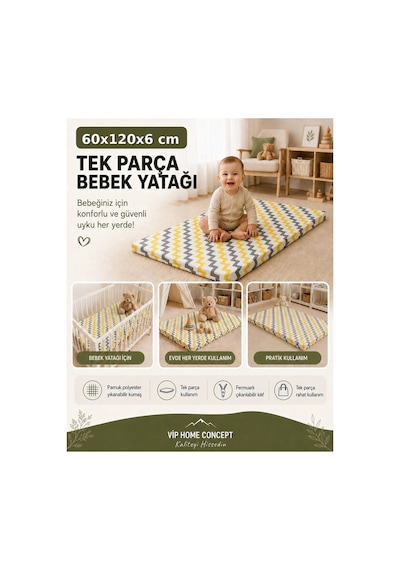 Çocuk Yatağı Sünger Yer Yatağı Oyun Minderi Bebek Yatağı 60x120x6 Cm-sarı Gri Zikzak 60 x 120 CM