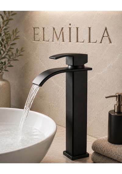 Lüx Krom Premium Mat Siyah Şelale Çanak Lavabo Bataryası Çift Su Girişli Modern Musluk
