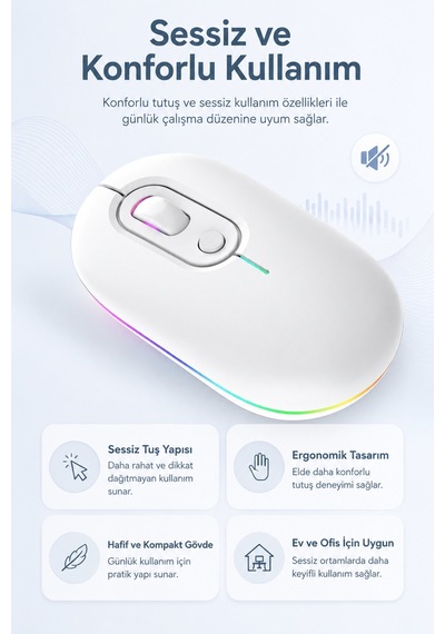 Beyaz Şarjlı Kablosuz Mouse Bluetooth 5.2 + 2.4g Çift Modlu Sessiz Tuşlu Rgb Işıklı 800 1200 1600 Dpı Type-c Şarjlı Ergonomik Mouse Çok Renkli Diğer Beyaz Şarjlı Kablosuz Mouse Bluetooth 5.2 + 2.4g Çift Modlu Sessiz Tuşlu Rgb Işıklı 800 1200 1600 Dpı Type-c Şarjlı Ergonomik Mouse Çok Renkli Diğer