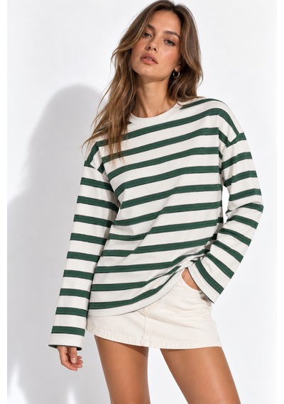 Wild Bee Kadın Yeşil Beyaz Çizgili Pamuklu Bisiklet Yaka Oversize Bluz YEŞİL