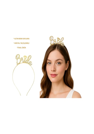 Altın Renkli Taşlı Bride Gelin Tacı