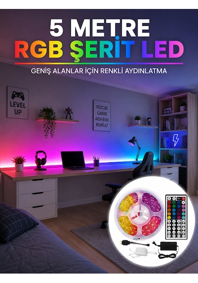 Rgb Şerit Led 5 Metre 5050 Smd Kumandalı Çok Renkli Ev Oda Tv Arkası Dekoratif Aydınlatma