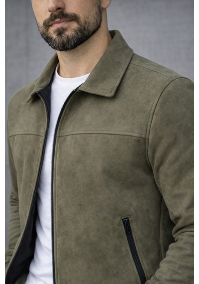 Baselco Basic Slim Fit Polo Yaka Süet Ceket Haki