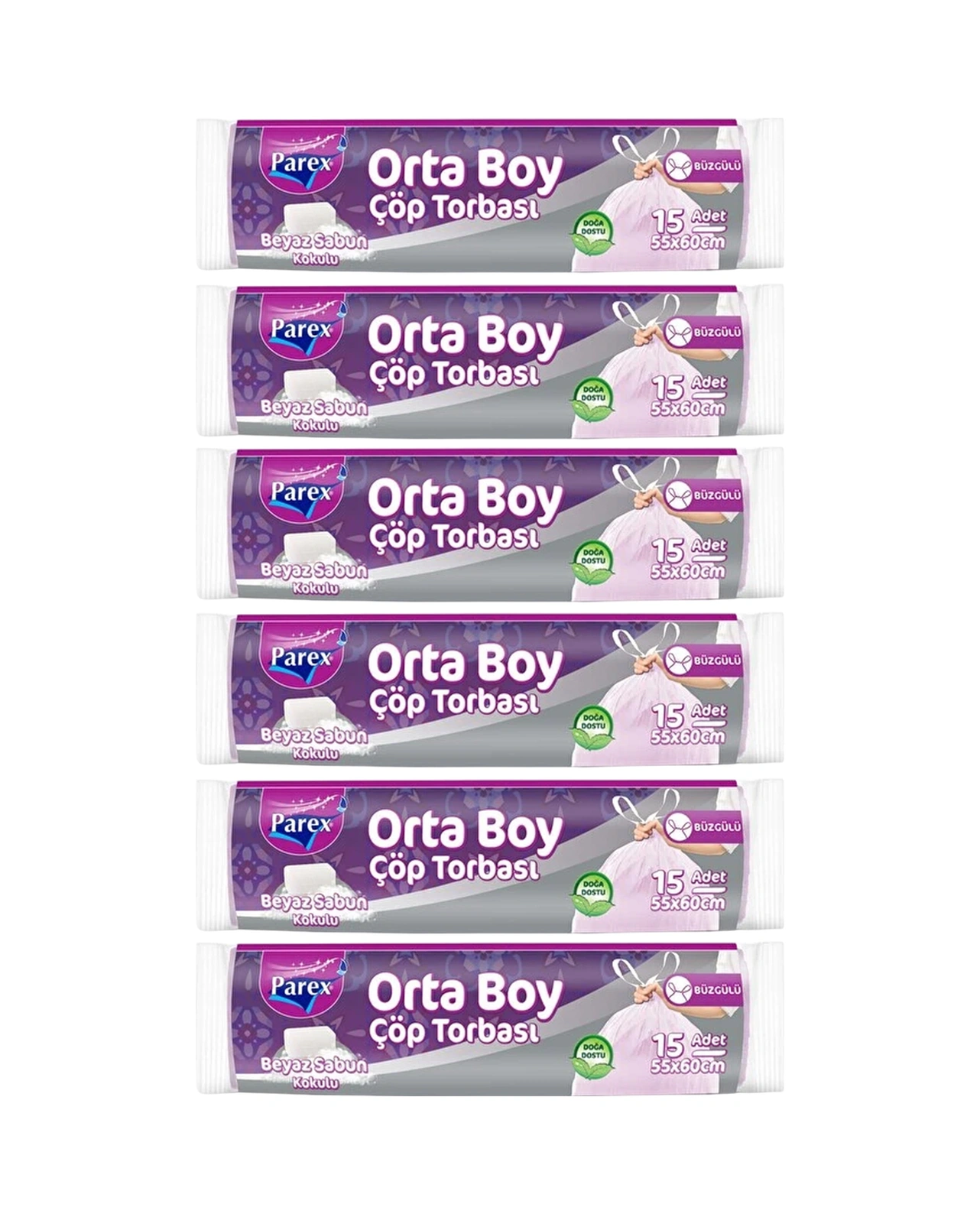 Büzgülü 15'li Çöp Torbası Beyaz Sabun Kokulu Orta Boy 55 X 60 Cm Altılı Paket