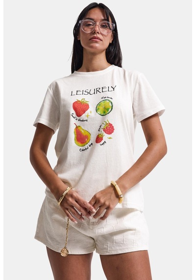 it's basic Kadın Beyaz Meyve Baskılı Bol Kesim Tasarım T-shirt