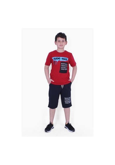 Fyk Kids Boom Sklk Yazı Baskılı Erkek Çocuk Alt-üst Kapri Takım Kırmızı