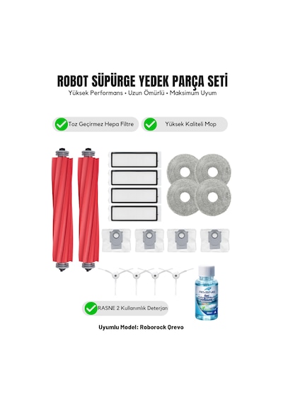 Roborock Qrevo İle Uyumlu 2 Ana Fırça 4 Beyaz Yan Fırça 4 Filtre 4 Mop 1 Deterjan 4 Toz Torbası 8.0