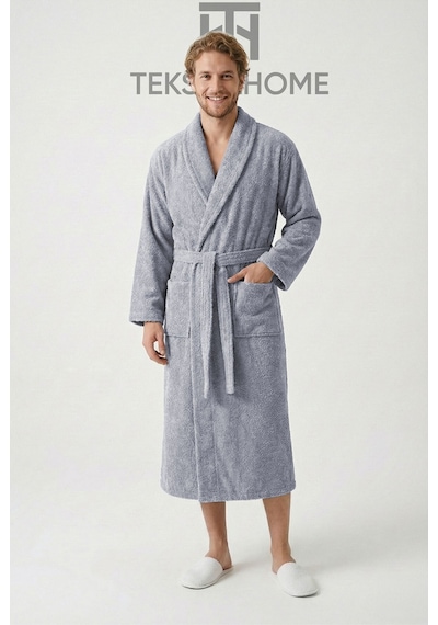 %100 Pamuklu Unisex Bornoz Şalyaka Cepli Büyük Beden 3xl 4xl Erkek Kadın Bornoz Gri