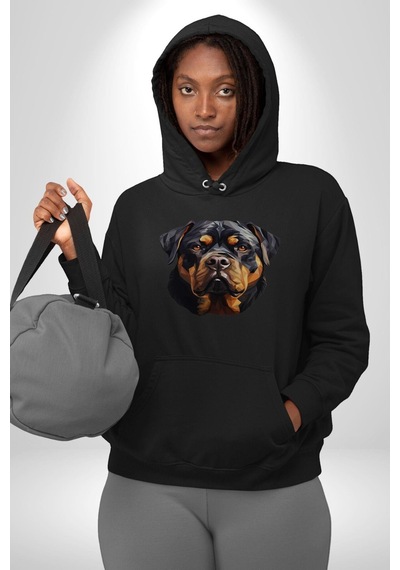 Rottweiler Kafası Kadın Erkek Siyah Kapüşonlu Sweatshirt Hoodie Siyah
