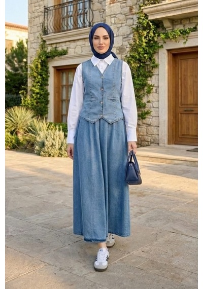 Hb Harma Time Butik Kadın Düğmeli Ve Cepli Kot Mavi Tunik Etek İkili Takım Mavi Mavi