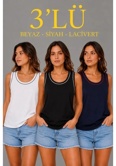 Valensdesign 3 Lü Kolsuz Sporcu Atlet Seti Yazlık Bisiklet Yakalı - Siyah, Lacivert, Beyaz Çok Renkli