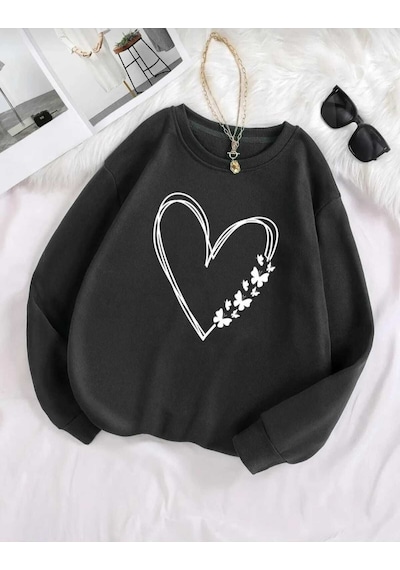 Kozia Outdoors Malkoçbey Oyaka Baskılı Kalp Baskılı Sweatşhirt Siyah Siyah