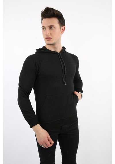 Modish İki İplik Kapşonlu Kanguru Cepli Erkek Günlük Sweatshirt Siyah