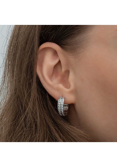 Gümüş Sıra Taşlı Halka Kadın Küpe 14 MM-Gümüş