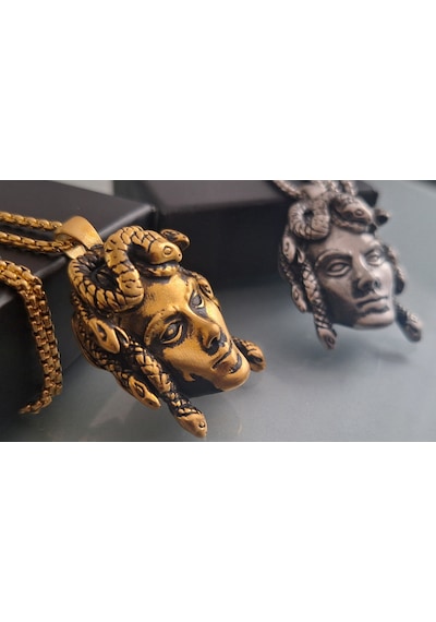Antik Eskitme Altın Renk Gotik Tarz Paslanmaz Çelik Medusa Kolye Altın