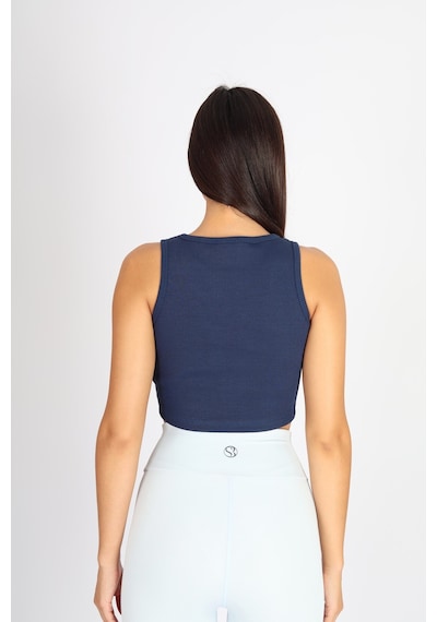 Soft&Basic Kadın İndigo Basic Halter Yaka Esnek Biyeli Kaşkorse Kumaş Crop Top Body Atlet İndigo