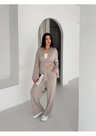 Kadın Simli Uzun Kol Modal Kumaş Kimono Pantolon İkili Takım Şık Ve Rahat Kadın Takım Bej