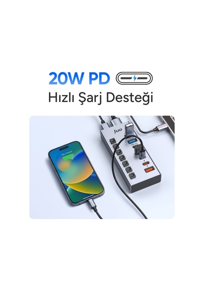 Juo Usb-a 7 Portlu Anahtarlı 3 Usb-a 4 Type-c 5gbps Pd Hızlı Şarj Destekli Usb 3.1 Çoklayıcı Dönüştürücü Hub