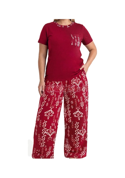 Lady Bordo Renk, Etnik Desenli 11068 Kısa Kol Kadın Büyük Beden Anne Pijama Takımı