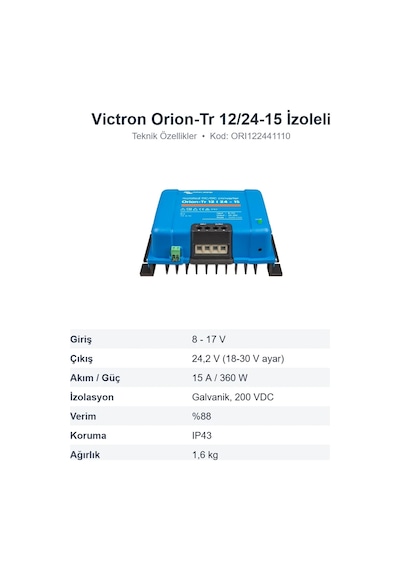 Victron Energy Orion-tr 12/24-15 İzoleli Dc-dc Konvertör 12v - 24v 15a 360w Orı122441110