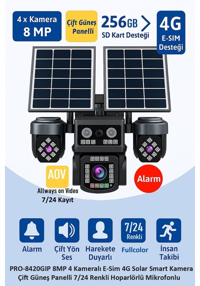 Balandı Pro-8420gıp 8mp 4 Kameralı 4g Aov E-sim Solar Kamera Hıeasy