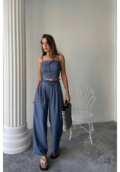 İkales Tencel Crop Askılı Bluz - Şalvar Pantolon Tk - İndigo