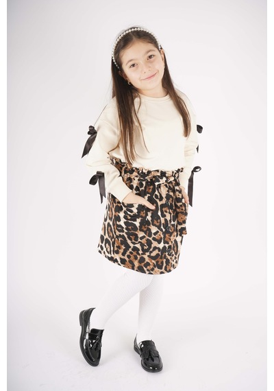 Miniko Kids Kız Çocuk Leopar Cep Model Etekli Kol Detaylı Takım Ekru