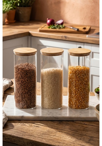 Porsima 3-3 Bambu Vakumlu Kapaklı Yuvarlak Borosilikat Cam 3lü Kavanoz Seti Saklama Kabı 1650ml 10x25cm Cam - Şeffaf