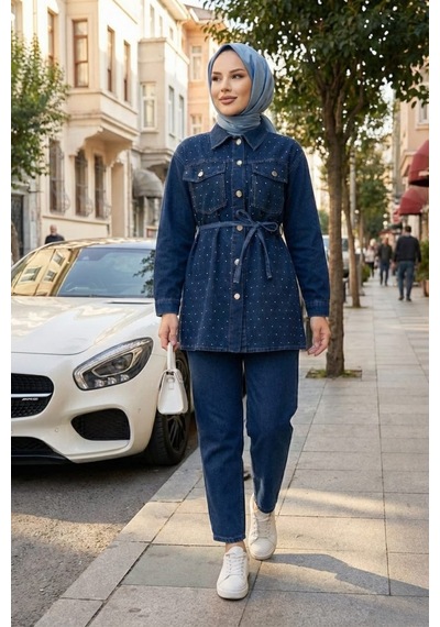 Hb Harma Time Butik Kadın Taş İşlemeli Kot Mavi Tunik Pantolon İkili Takım Koyu Mavi
