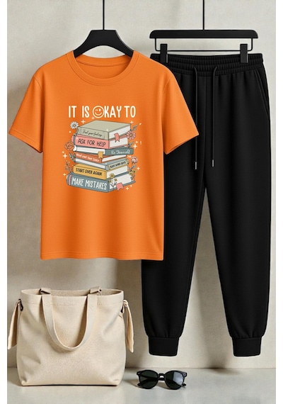 Uyguntarz Unisex Its Okay To Tasarım Baskılı Tişört - 2'li Eşofman Takımı Turuncu Uyguntarz Unisex Its Okay To Tasarım Baskılı Tişört - 2'li Eşofman Takımı Turuncu