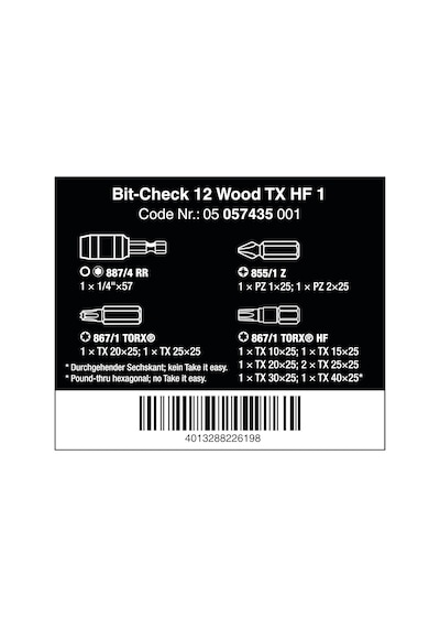 Wera - 05057435001 - Bit Çeşitleri, Bit-check 12 Wood Tx Hf 1, 12