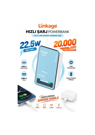 Linkage Lkp-72 20000 Mah Powerbank 22.5w Hızlı Şarj, Usb-c Pd Giriş Çıkış Ve Şarj Göstergesi Mavi